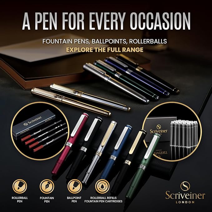 Scriveiner Luxury Fountain Pen - Medium Matt Black With Chrome Finish, Schmidt German Nib, Converter - Best Writing Gift Set for Men & Women - Fancy Office Designer EDC Pocket Pen