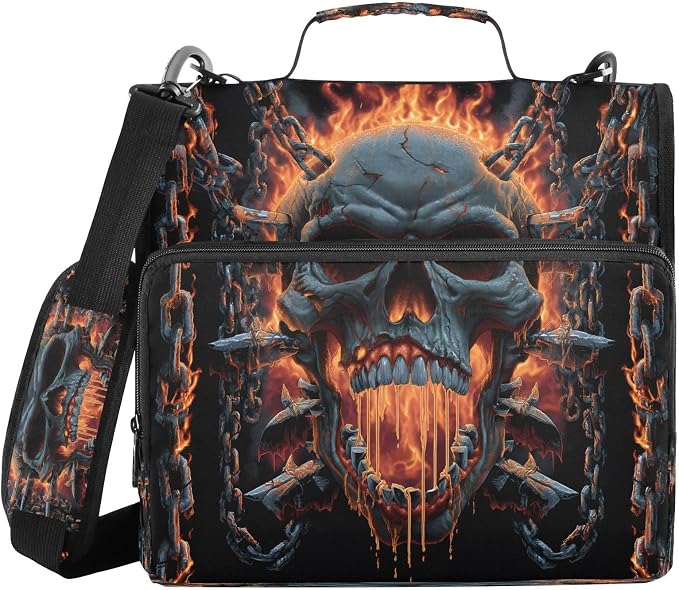 ALAZA Zipper Binder 3 Ring Skull Chain Flame Binder Organizer with Zipper and Shoulder Strap Large Capacity Multi-Pocket Trapper Keeper File Folder for Office Supplies