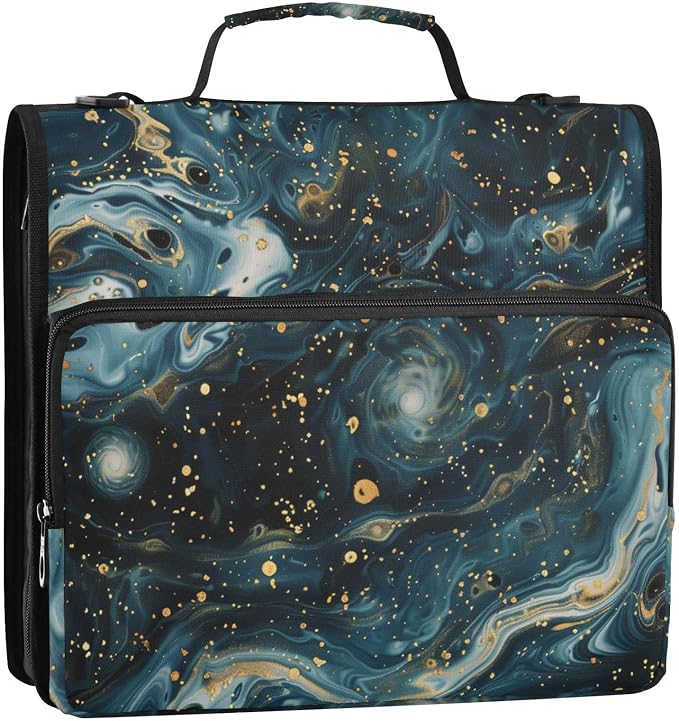 ALAZA Dark Blue Marble Zipper Binder 1.5 inch 3 Ring Binder Organizer with Shoulder Strap and Handle for Home Office Work