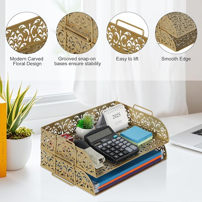 EasyPAG Paper Organizer for Desk 2 Tier Stackable Paper Tray for A4 Legal Size Folders Metal File Storage Desktop Organizer for Home Office School Teacher, Gold