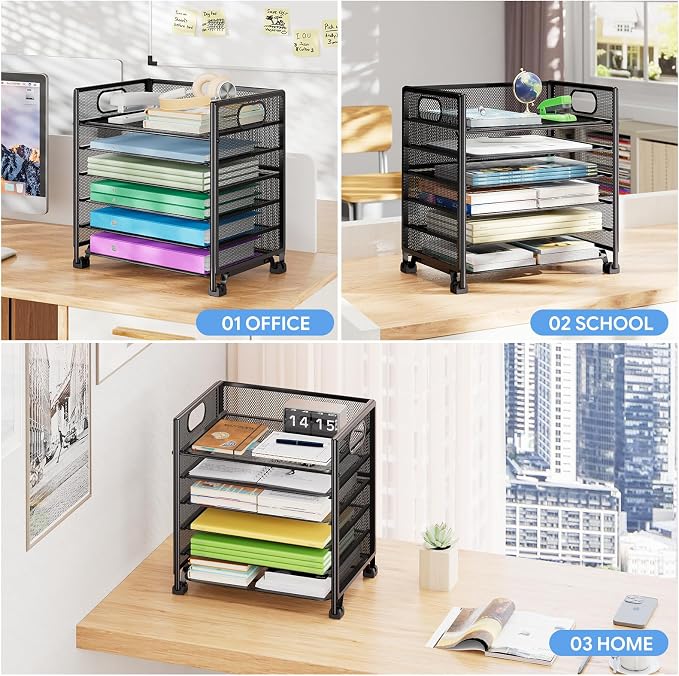Simple Trending 6-Tier Paper Tray Organizer, File Organizer for Desk, Black | Letter Tray Holder with Handle. Sturdy Metal Frame. Non-slip Feet. Black for Office Home School. 13"L x 8.75"W x 14.6"H