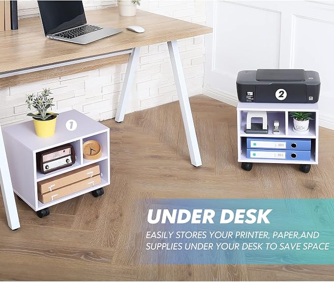FITUEYES Printer Stand Under Desk, Small Wood Mobile Printer Table, White | Work Cart on Removable Casters, with 3 Storage Organizer Compartments for Home Office, 15.7 in. W x 11.8 in. D x 13.8 in. H