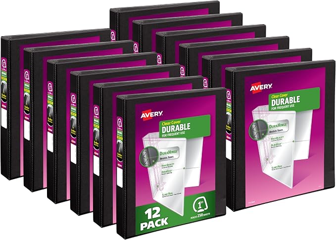 Avery Durable View 3 Ring Binders, 1 Inch Slant Rings, 250-Sheet Capacity, DuraHinge, 1.4 Inch Wide Spines, Customizable Clear Covers and Spines, Black Binders (12-Pack of 17011)