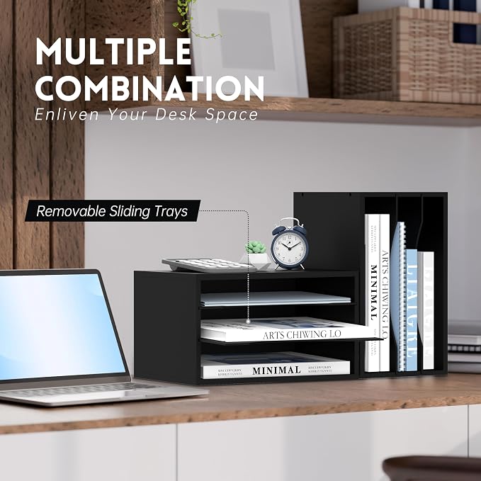 3 Tier Wood Desk Organizer, Mail Sorter and Paper Organizer for Desk, Black | Wooden Desktop Organizer for Sorting Papers, Letters and Mails, Literature Organizer for Home Office, Classroom Organization