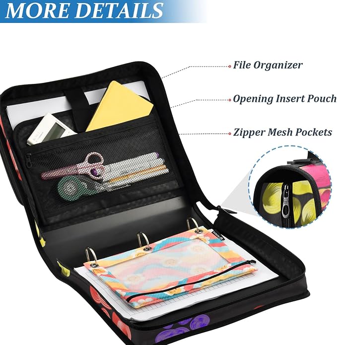 Fisyme Rainbow Dog Paw Print Zipper Binder 3 Ring with Zipper and Shoulder Strap Large Capacity Multi-Pocket Zipper Binder Organizer
