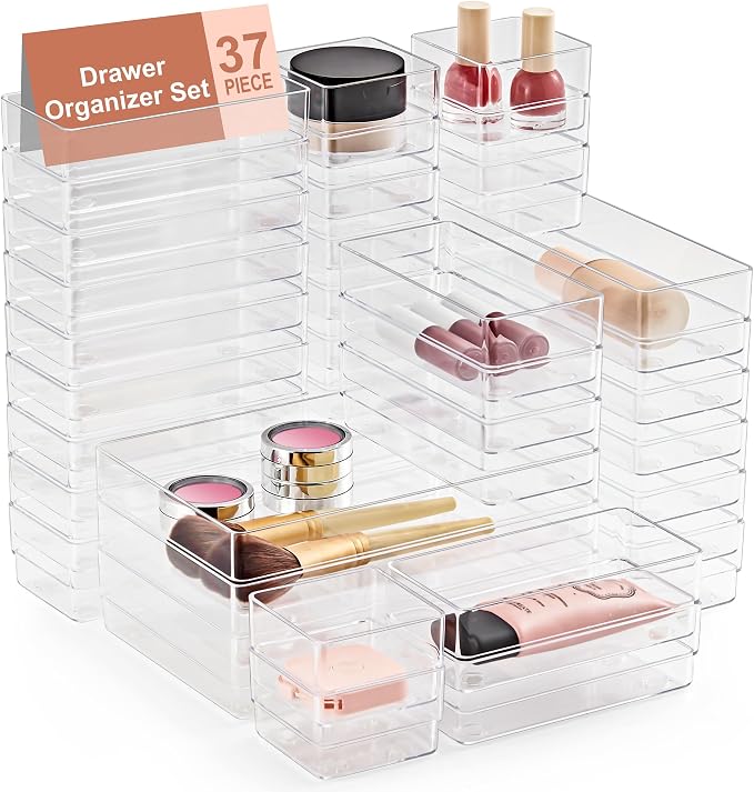 SMARTAKE 37 PCS Drawer Organizer 4 Size Desk Makeup Drawer Organizer Clear | Storage Trays with Non Slip Silicone Pads for Makeup , Jewelries, Utensils in Bedroom Dresser, Office, Kitchen and Bathroom