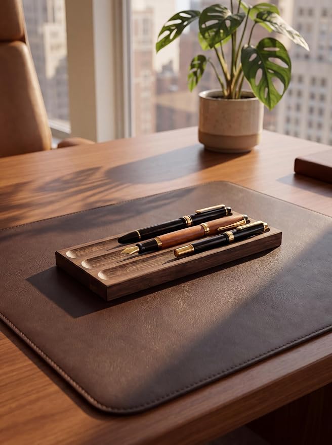 Horizontal Pen Holder For Desk,Pen Tray,Wood Desk Pen Holder,Desk Top Pen Display,Teacher Gifts,Suitable For School,Home,Office Desktop Art Accessories (Walnut-3 Grid)