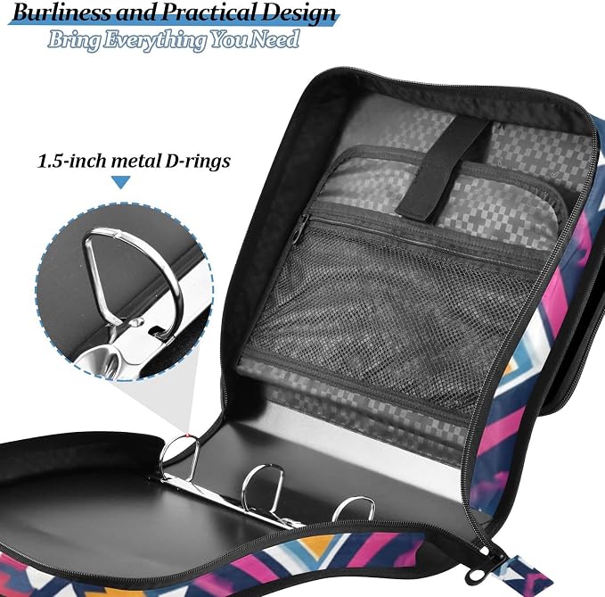 3 D-Ring Zipper Binder Bag, Purple Ethic Aztec Geometric Pattern Removable Binder with Zipper Case Hold 300+ Sheets& 13 Inch Laptop for School Office Supplies Organizer