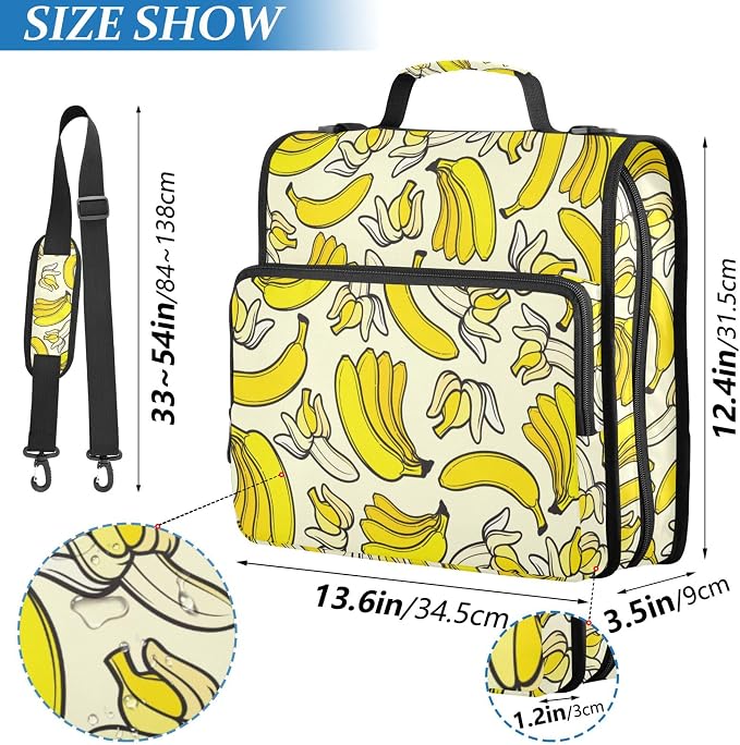 Fisyme Yellow Banana Zipper Binder 3 Ring with Zipper and Shoulder Strap Large Capacity Multi-Pocket Zipper Binder Organizer
