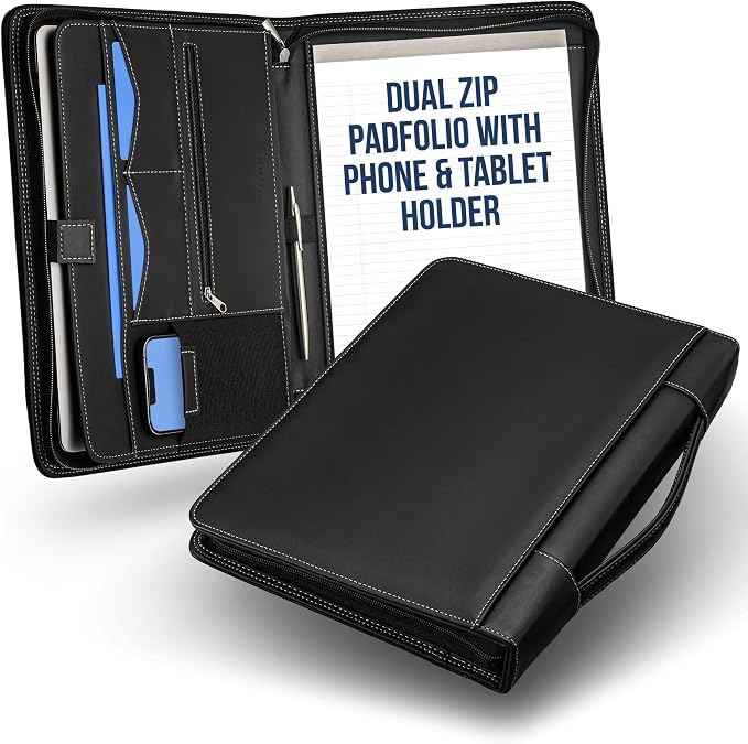 STYLIO Black Zipper Padfolio Portfolio Binder w/Carrying Handle | Organizer for Documents, iPad, Tablet, Notebook | Business Leather Binder for Men Women (No 3-Ring Binder)