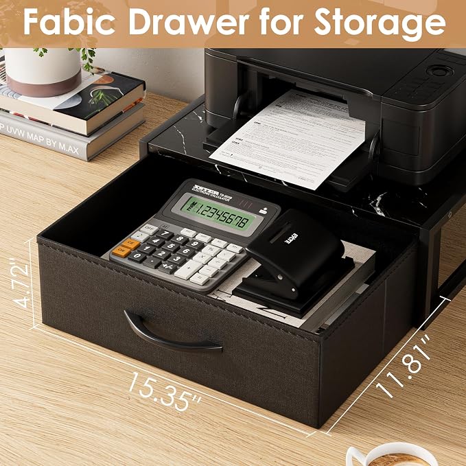 Masupu Printer Stand for Desk, Printer Table with Fabric Storage Drawer, 2 Tier Desktop Shelf, Multi-Purpose Desk Organizer for Home Office, 3D Printer, Fax Machine, Scanner, Marble Black