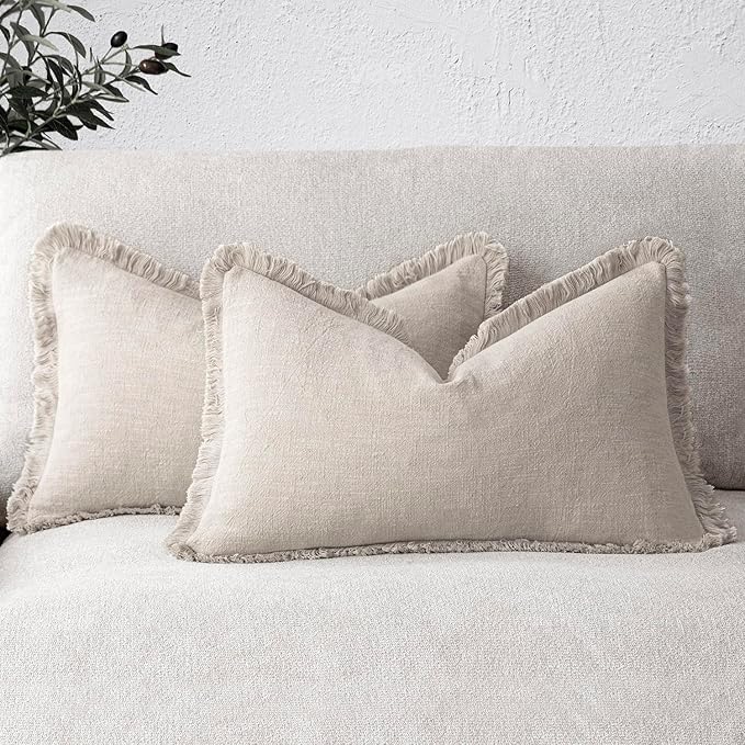 Foindtower Set of 2 Decorative Linen Fringe Lumbar Throw Pillow Covers Boho Farmhouse Cushion Cover with Tassels Cozy Accent Pillowcase for Sofa Couch Living Room Home Decor,12×20 Inch,Natural Beige