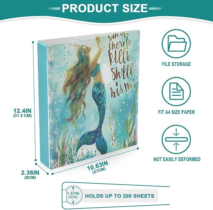 Mermaid Round Ring Binders 1.5 Inch Tail Scale Sea Ocean Wave 3 Ring Clipboard Binder for Office School Work Supplies File Folder 200 Sheet Capacity Easy Open 2 Pieces