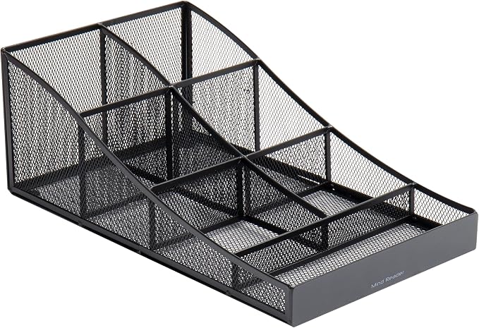 Mind Reader Countertop Organizer, Office Breakroom Supply Caddy for Cups Lids Stirrers and Condiments, Metal Mesh, Black