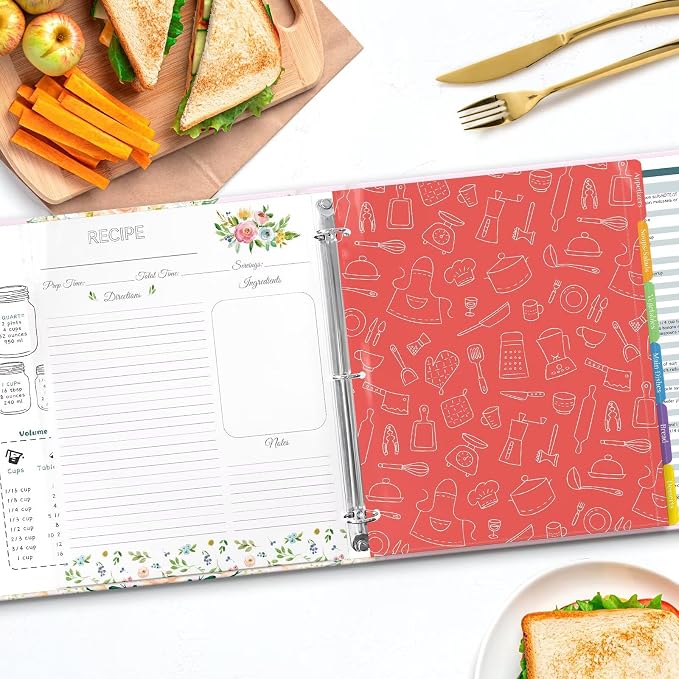 Recipe Binder 8.5x11 3 Ring with Plastic Sleeves, Blank Recipe Book Binder | Waterproof recipe binder 8.5x11 with plastic sleeves, recipe cards and gift box to make your own cookbook(Retro Cups).