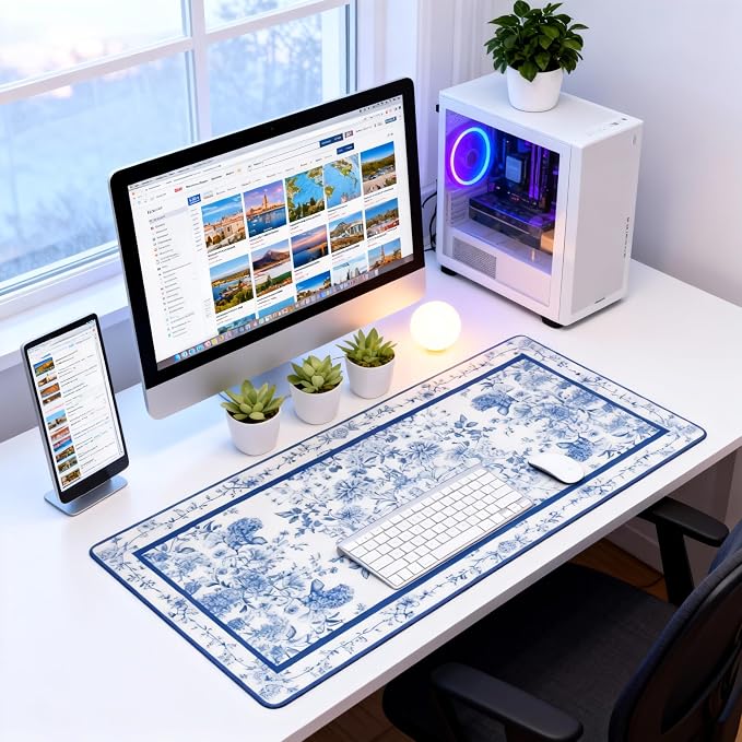 Floral Aesthetic Dahlia Gaming Mouse Pad, White Blue Rug Desk Mat with Anti-Slip Base & Stitched Edges,35.4" x 15.7" in Desk Accessories for Women, Home Office Decor & Artistic Gift
