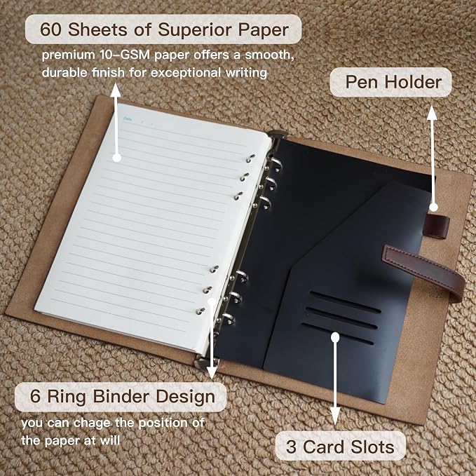Refillable A5 Leather Binder Notebook, Reusable Leather Journal, Vintage Organizer with 6-Ring Metal Binder, 120 Pages Lined Paper & Pocket, for Writers Business Work Study College and Daily