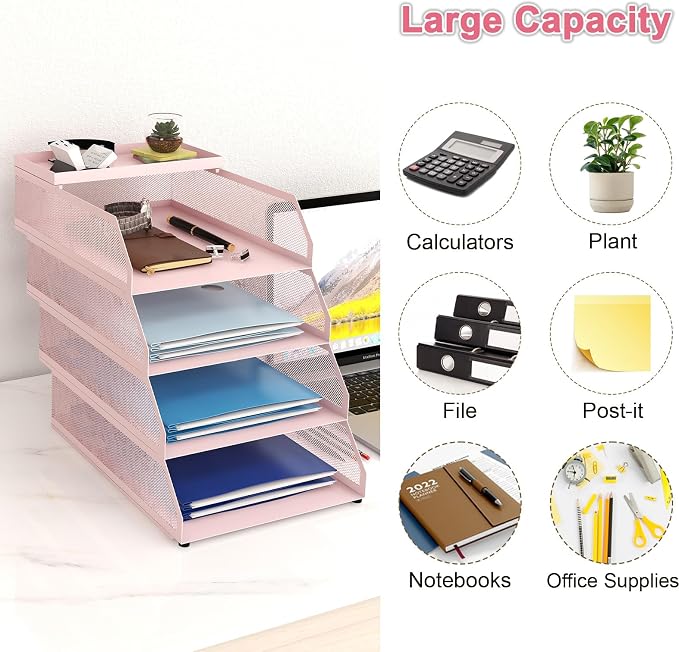 Natwind 4-Tier Stackable Metal Mesh Desk Paper Tray Organizer,Pink | Desktop Accessories for Office Supplies, Letter Tray For Paper Storage ,File Document Holder For Home School Classroom