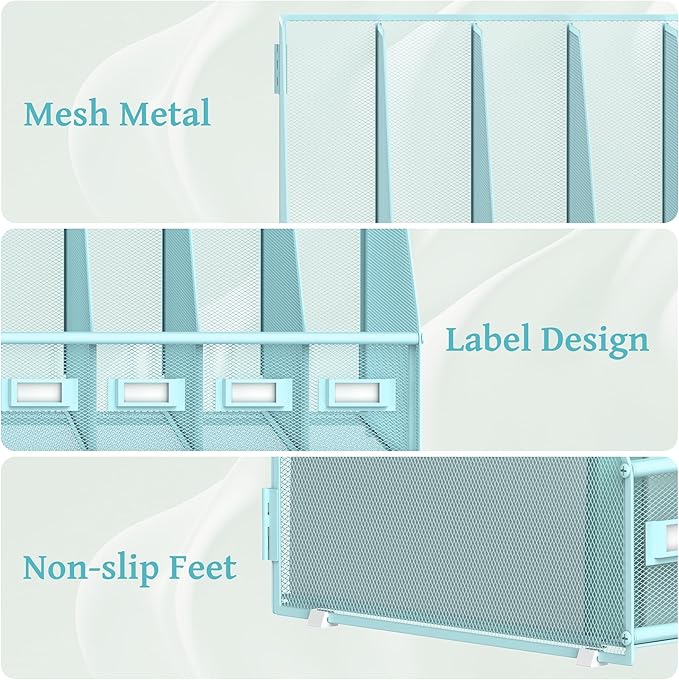 Desk Organizers Metal Desk Magazine File Holder with 5 Vertical Compartments Rack File Organizer for Office Desktop, Classroom, Home Workspace, Blue