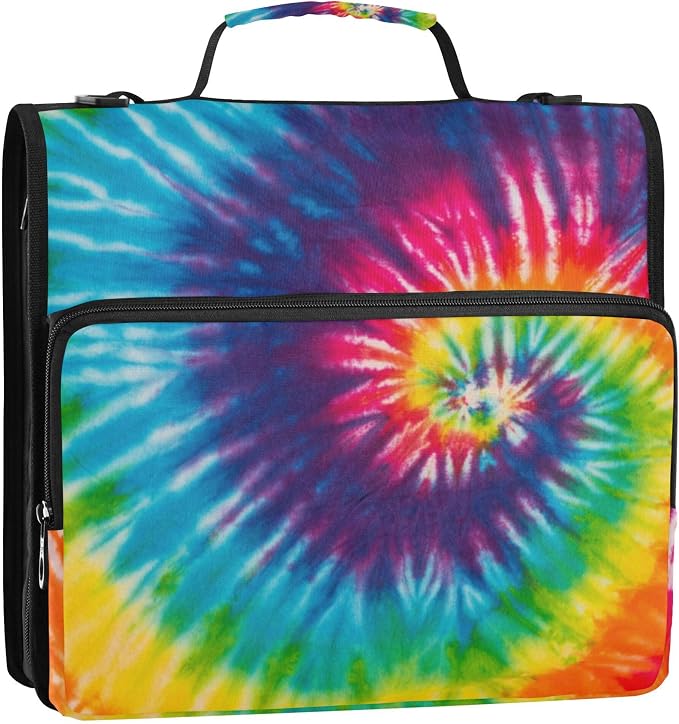 Fisyme Tie Dye Rainbow Zipper Binder 3 Ring with Zipper and Shoulder Strap Large Capacity Multi-Pocket Binder Organizer