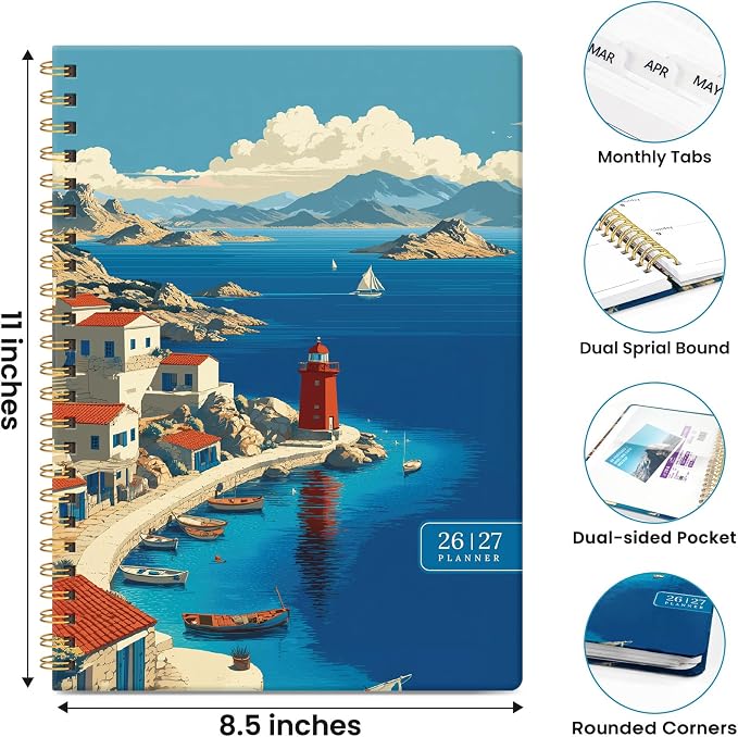 Planner 2026-2027, Academic Year Monthly & Weekly Planner Caledndar, July 2026 - June 2027, Hardcover Large Planning Agenda Book with Tabs for School Office Supplies, 8.5" x 11" - Coastal Beacon