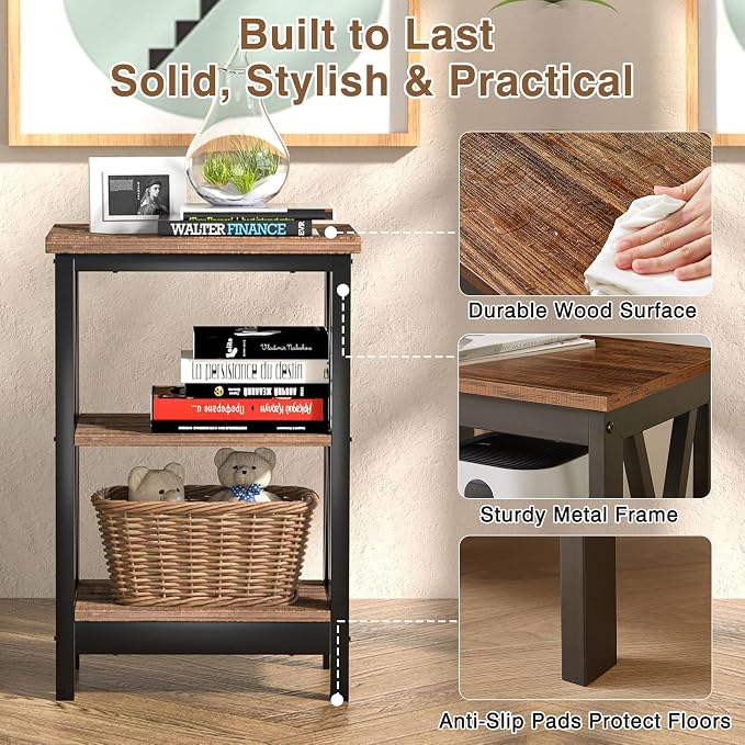 VECELO End Table Set of 2, Bedside Table, 24" Tall Living Room End Tables, X-Design Reinforced Nightstands, Side Table with 3-Tier Storage Shelves for Small Spaces, Office, Bathroom, Bedroom, Brown