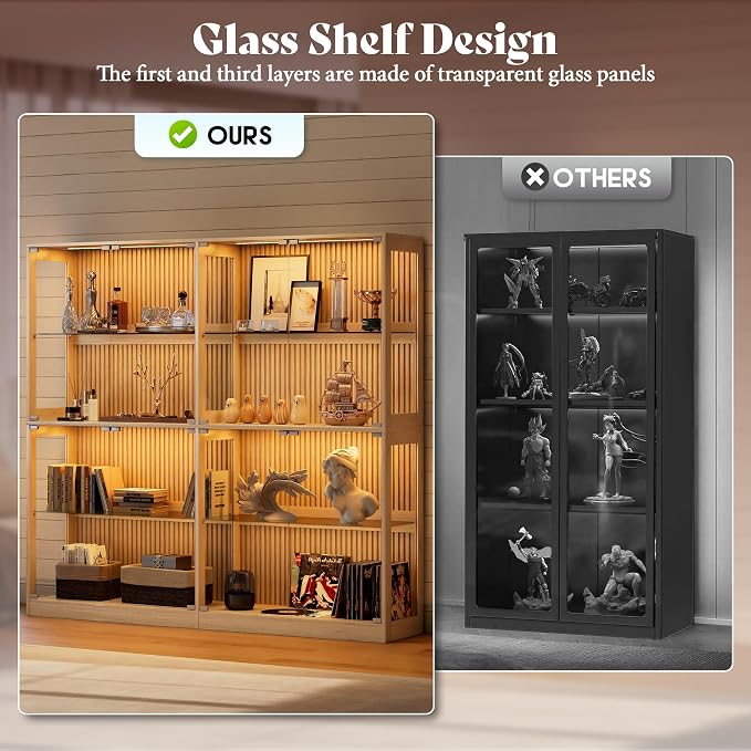 AMERLIFE 75-Inch RGB Display Cabinet with Glass Shelves | 70 H x 75 W x 16 D In, 4-Tier Storage, RGB LED Lights, Press-to-Open Doors, for Collectibles, Wood-Grain Slatted Finish
