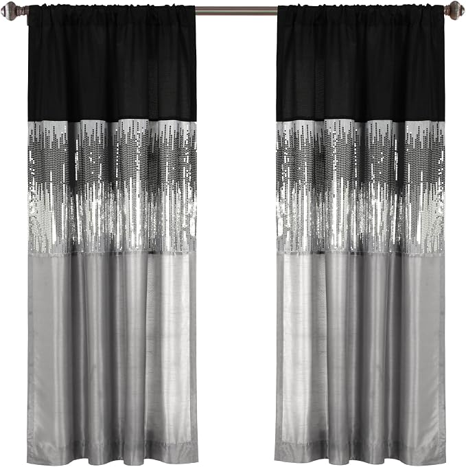 Lush Decor Night Sky Window Curtain Panel, Single 42"W x 63"L Black & Gray - Sequin Backdrop Curtain - Room Darkening Curtains For Bedroom - Glam Decor