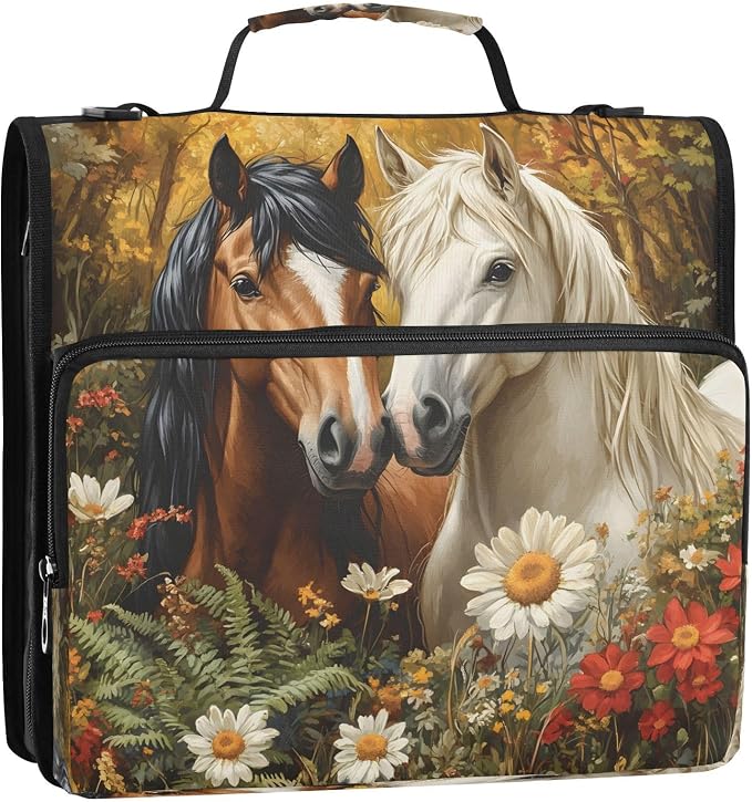 ALAZA Zipper Binder 3 Ring Oil Patting Horses Binder Organizer with Zipper and Shoulder Strap Large Capacity Multi-Pocket Trapper Keeper File Folder for Office Supplies
