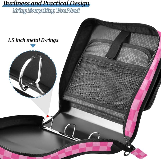 Pink Checkered Print 3 Ring Zipper Binder with Shoulder Strap & Handle 2 Inch D-Ring Zippered Binder Bag with Multiple Pocket & Pencil Pouch, Binder Organizer for School or Office