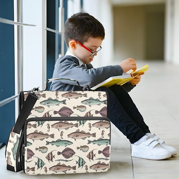 Vintage Fish Beige Print Zipper Binder Bag 3 Ring with Shoulder Strap & Handle Multi Pocket Binder Organizer Bag Large Capacity for School Office Supplies