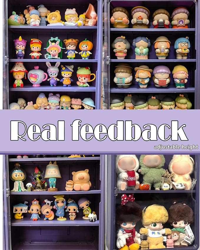 Wall Mounted Display Case for Figures, 15.75" High, Shadow Box with Shelves | Hanging Trinket Display Shelf for Collectibles Action Doll Blindboxes Storage, 4-Layer Purple Shelf with Magnetic Door 1 Pack