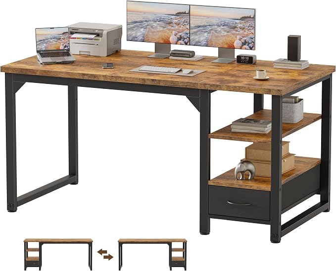 54 in Computer Desk with Drawer, 1" Thick Reversible Office Desk | Large Modern Writing Table with Storage Shelves, Heavy Duty Industrial Executive Desk for Home Bedroom Study Work