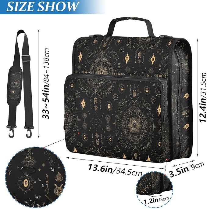 Boho Black Pattern 3 Ring Zipper Binder with Shoulder Strap & Handle 1.5 Inch D-Ring Zippered Bag with Pencil Pouch,Multiple Pocket & Expanding File Folder, Binder Organizer for School or Office