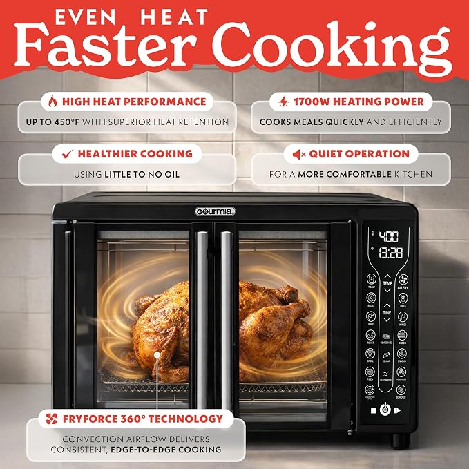 Gourmia French Door Air Fryer Toaster Oven – 6-Slice Capacity, FryForce 360°, Digital Display with 17 Cooking Presets, Black