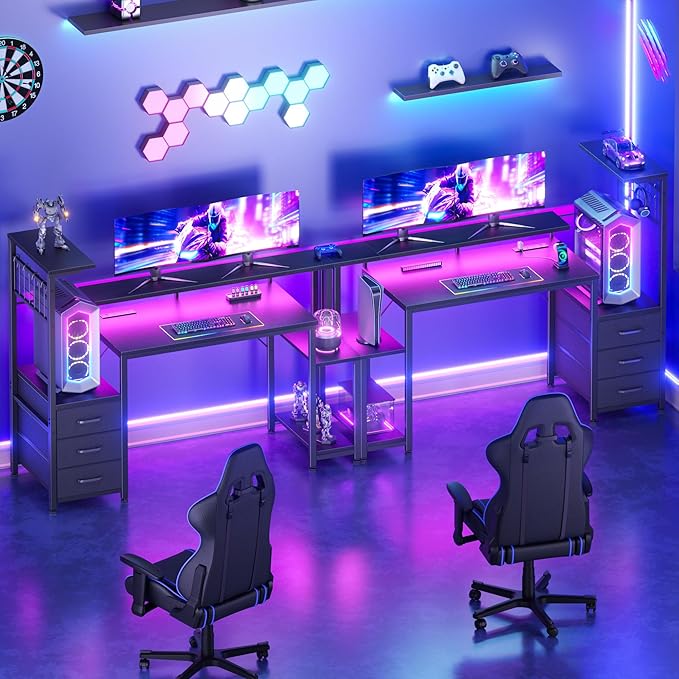 Korfile 48" Gaming Desk with Power Outlet, LED, Drawers, Carbon Fiber Black | Reversible，Computer Desk, Gamer Table, with Fabric Drawers & Side Hook, with Monitor Stand, for Game Room, Home Office