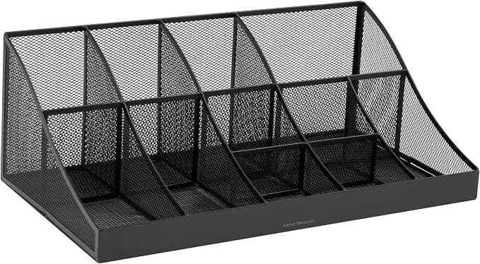 Mind Reader Countertop Organizer, 2 Tier Mesh Storage Caddy with 11 Compartments for Office Supplies, Breakroom Essentials, and Snacks