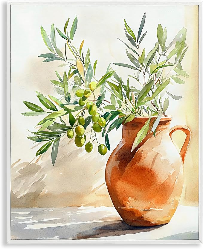 'Olive Branch in Terracotta Vase'| Framed Giclee Art | Stupell Industries | White, 16 x 20 Inches, Easy to Hang and Sturdy, Made in USA, by LSR Design Studio