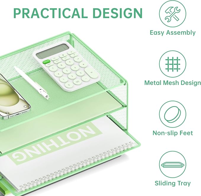 DALTACK 3 Tier Letter Tray Paper Organizer with Sliding Trays Mint Green | Metal Mesh File Organizer with Sliding Trays for Letter and A4 Paper, Mail, Bills, Folders and Office Documents