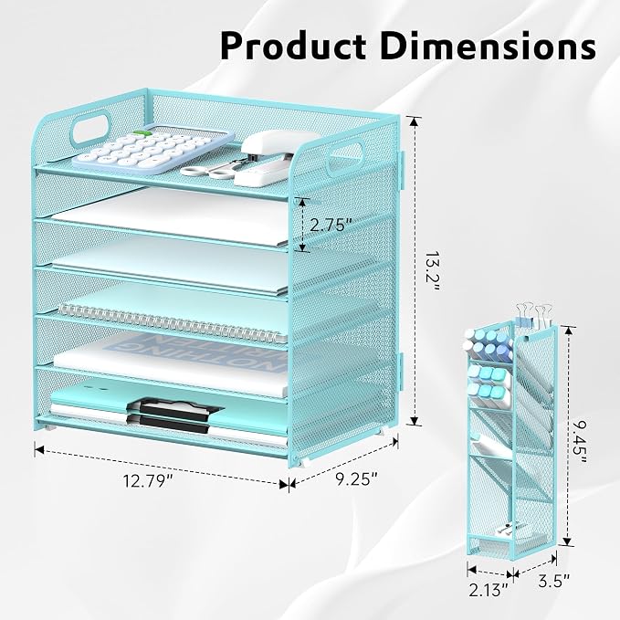 6 Tier Desk Organizer with 4 Pen Holders & Mesh Paper Trays Blue | 6 Tiers Paper Organizer, File Organizer Letter Tray with Handle for A4 Files, Folders, Mail and Office Supplies