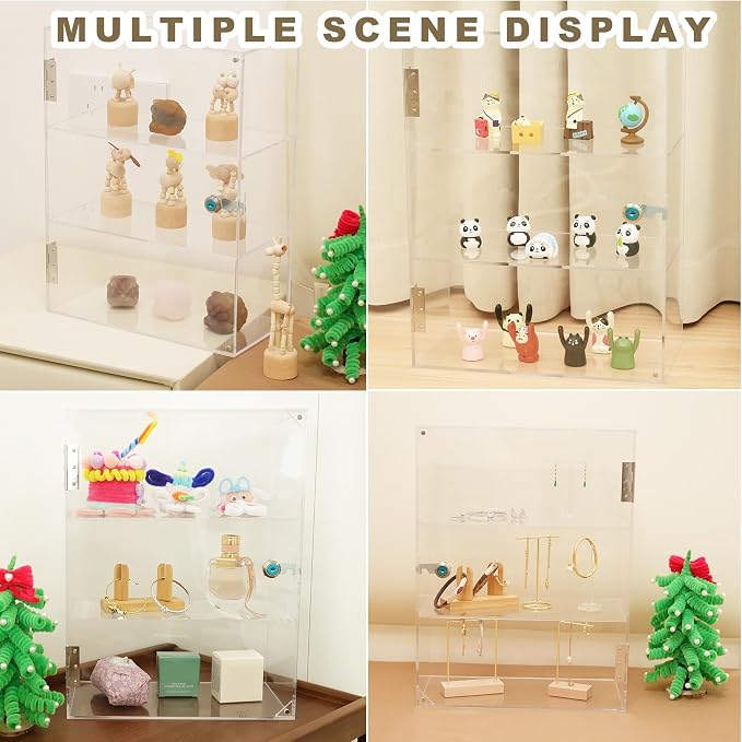 3 Shelf Locking Display Case with Key, Acrylic Countertop Cabinet | Clear dustproof lockable showcase, vitrinas para colecciones, small case for figurine, jewelry, bobblehead, perfume, knife