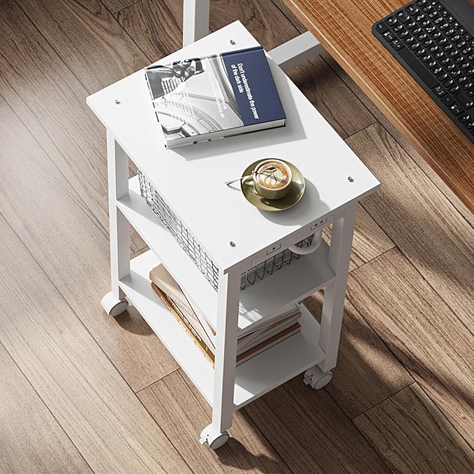 TUTOTAK Printer Stand, 3 Tier Rolling Printer Cart with Charging Station | Small Under Desk Printer Table with Wheels for Small Space, Office, Home, White PS02BW001
