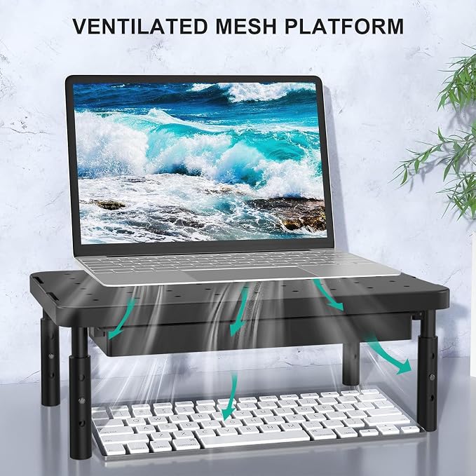 WALI Computer Monitor Stand with Storage, Monitor Riser 3 Height Adjustable | Laptop Riser with Airflow Vents, Desk Organizer for Computer, Printer, Notebook (PTT002-B), 1 Pack, Black