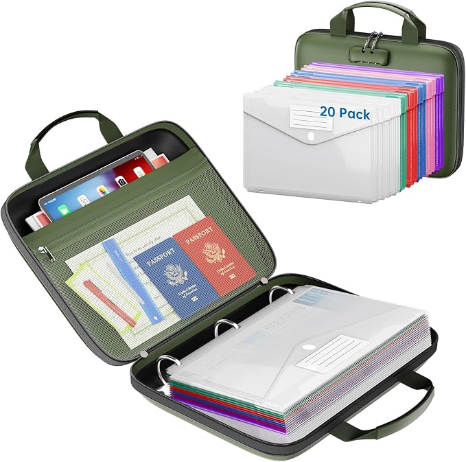Fireproof Binder Organizer with 20 Pack Binder Pockets & Lock,Green | Important Document Box with Zipper,Water Resistant Hard Case, Portable Home Office Safe Storage Protection for Letter Size