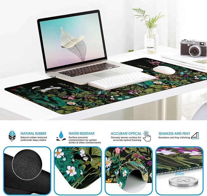 iCasso Floral 4in1 Writing Pad, 35.4"x15.7" Work Mat for Workspace | Aesthetic Ergonomic Desk Pad with Keyboard Wrist Rest, Mousepad Set for Travel Women Classroom Office Workspace Area