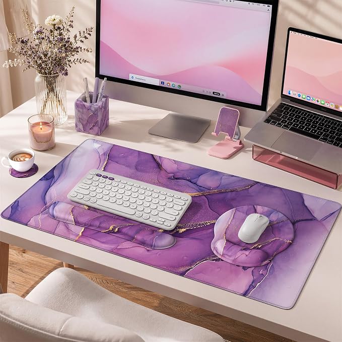 iCasso Purple Keyboard Mat 35.4"x15.7", Desk Blotter for Workspace | Mousepad Set with Wrist Support and Coaster Set, Cozy Desk Cover Set for Gaming Vanity Women Office Workspace Area
