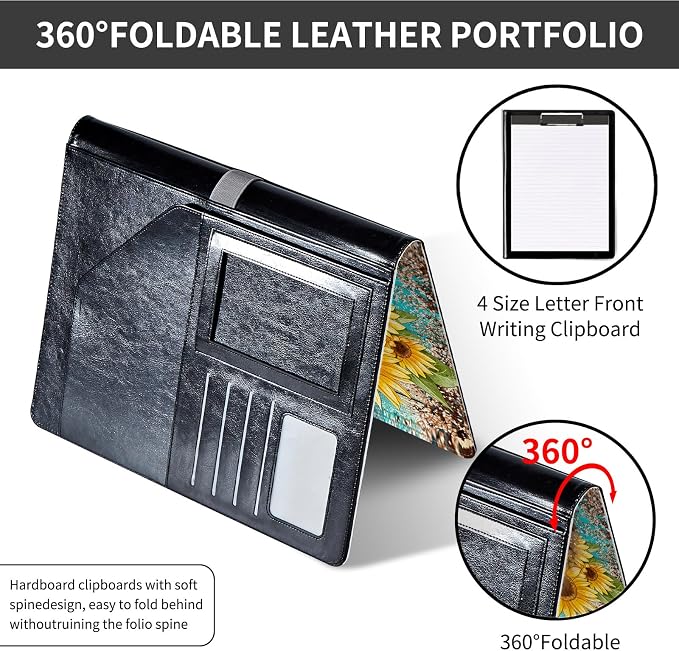 Padfolio/Portfolio Folder Clipboard,Padfolio Clipboard,Writing Portfolio Leather with Cover for Card Holder Slot Letter Size A4 for Office Conference Notepad Clip Boards,Horse Leopard Sunflower