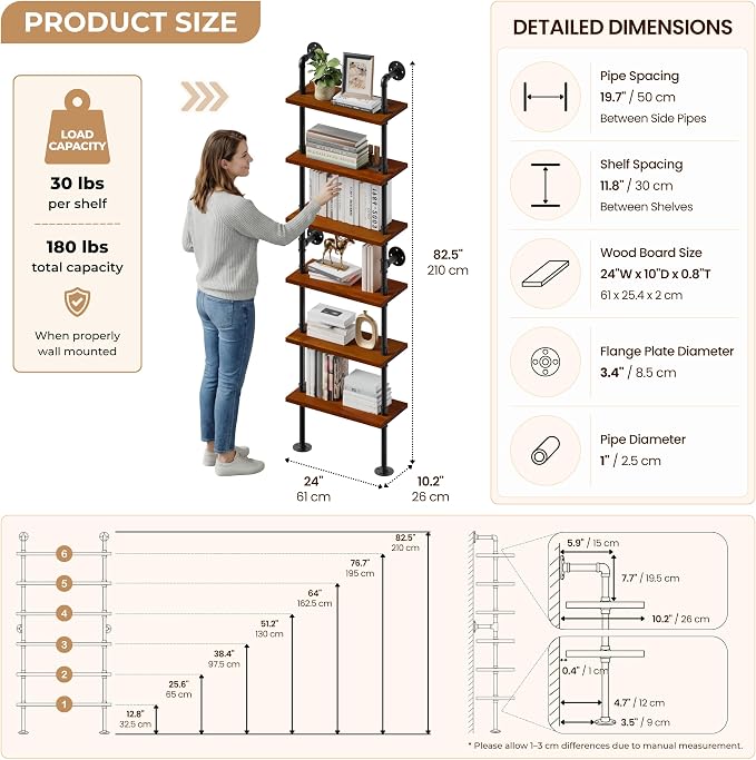 6-Tier LED Ladder Shelf, Wall Mounted Pipe Bookshelf, Walnut Brown 24 Inch | Solid pine 6-tier wall mounted pipe bookshelf with warm LED lights, 30 lb shelves, for books, plants and decor