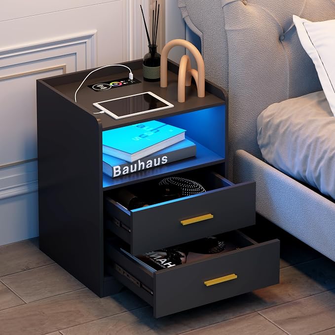 dnbss RGB Nightstand with Charging Station, Smart Bedside Table, Black | LED Night Stand, 2 Drawers, 1 Compartment, Human Body Sensor, Modern End Side Table for Bedroom Living Room Office Storage