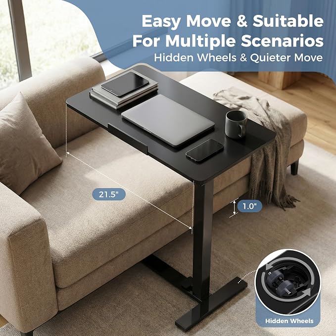 DUMOS Overbed Table with Wheels, Height-Adjustable Bedside Table, Black | Rolling standing desk with Pneumatic Lift, Portable mobile desk for Bed, Couch, Office, Sofa